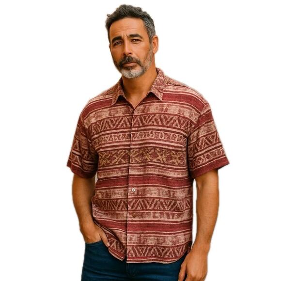 VTG The Territory Ahead Camp Shirt Mens XL hi Rust Tan Geometric Print Button Up - Picture 1 of 14